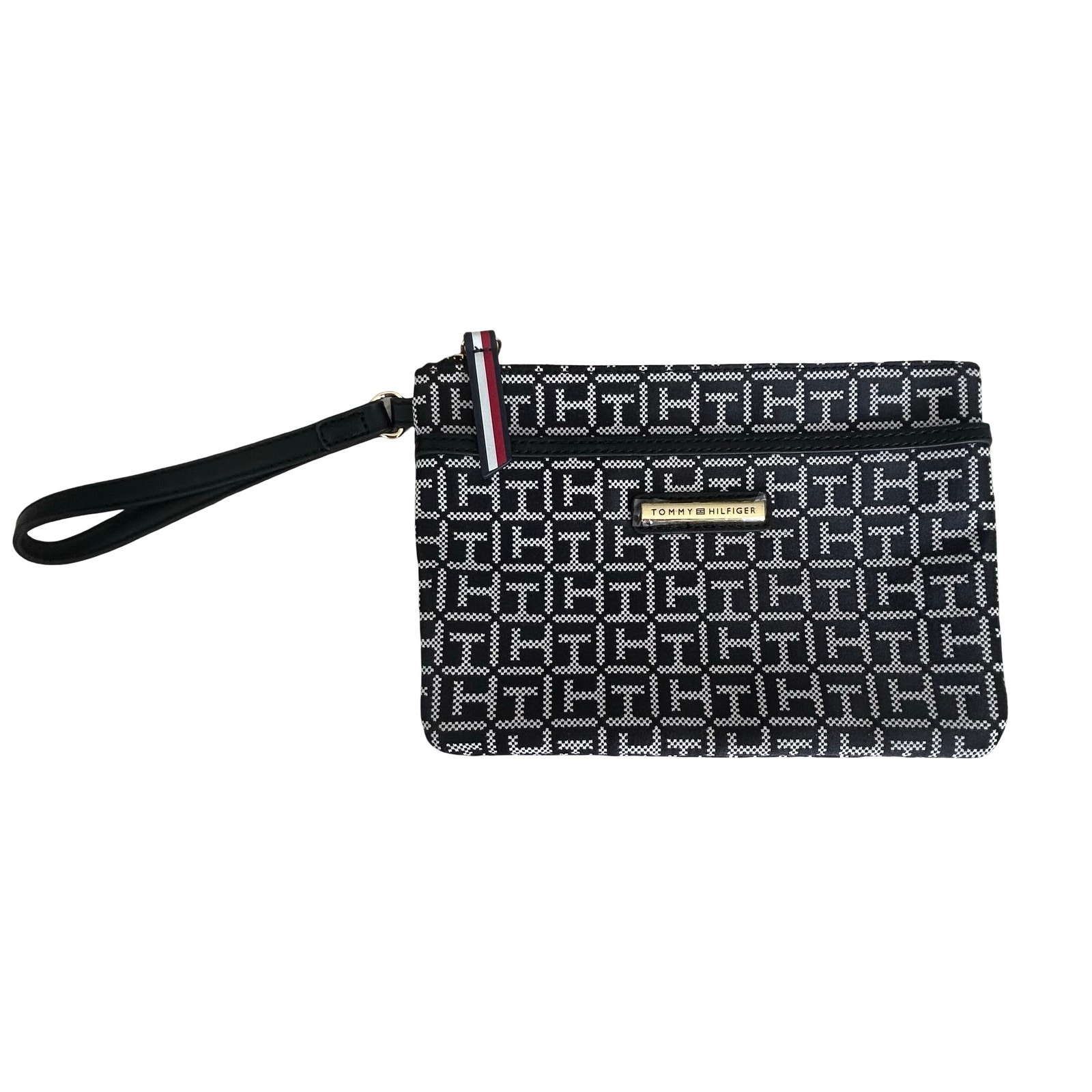 Nwot Tommy Hilfiger Wristlet Bag Navy Blue White Th Allover Logo Print Preppy